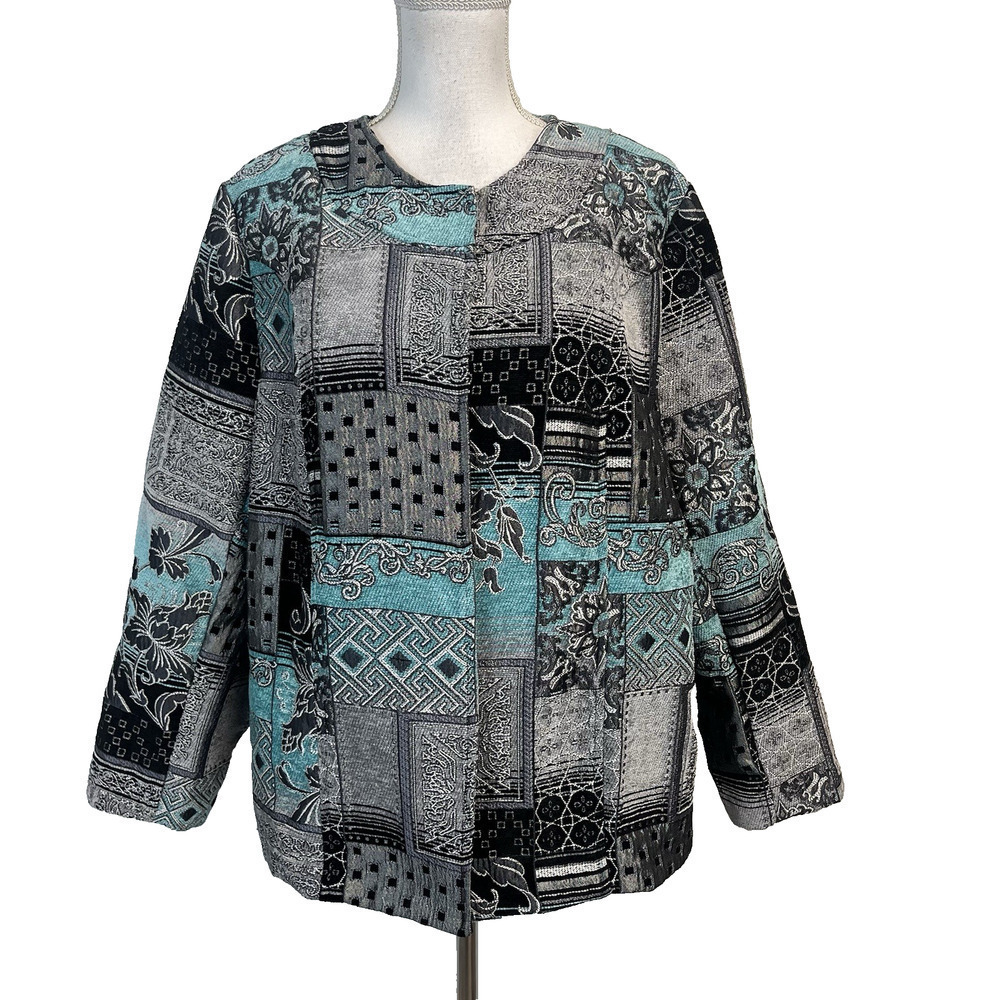 Dressbarn Open Front Blazer Jacket Plus size 18 20 Blue Silver Black Tapestry